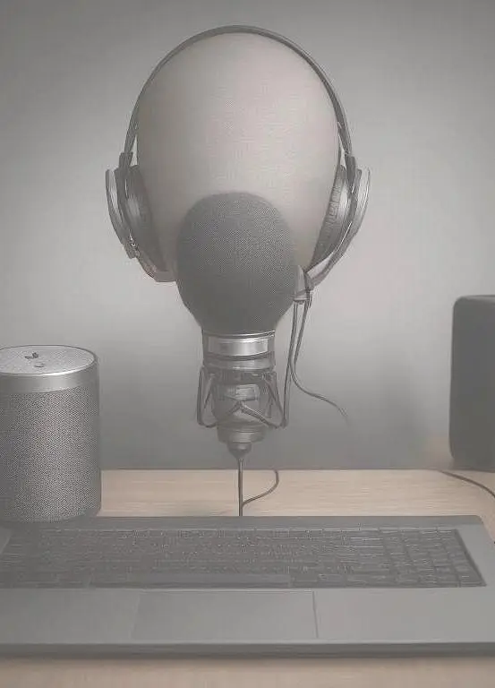 Headphones and podcast microphone on a desk